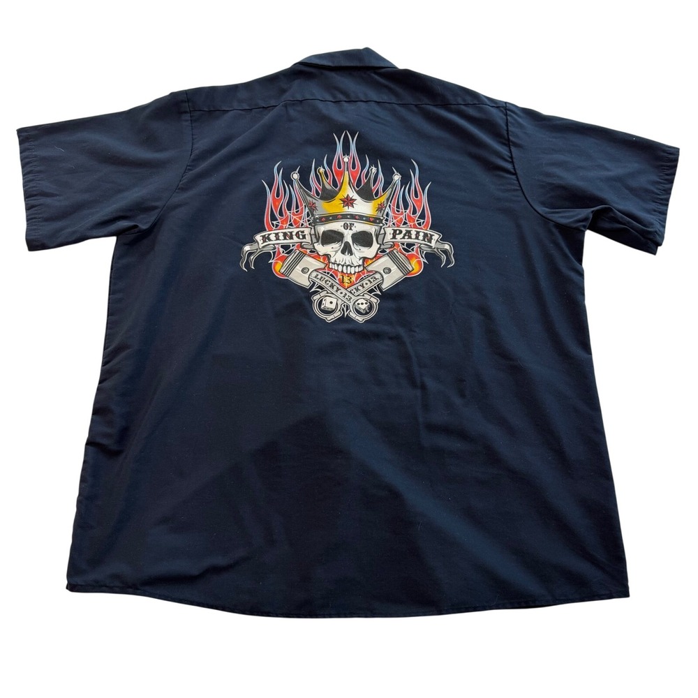 Lucky 13 King of Pain Red Kap Work Shirt Mens XL Navy Skull Piston Biker Graphic